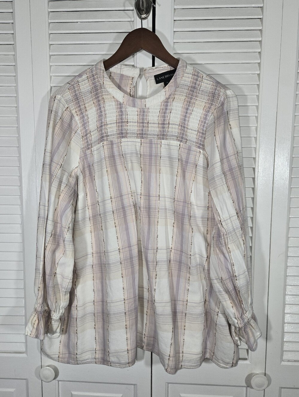 Lane Bryant Cream Plaid Peasant Purple Tan Gold Stripe Pintuck Ruffled Blouse 18